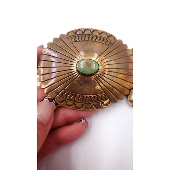 Vintage Handmade Brass Leather Navajo Concho Belt Turquoise Butterfly 32"-37" - Picture 8 of 12